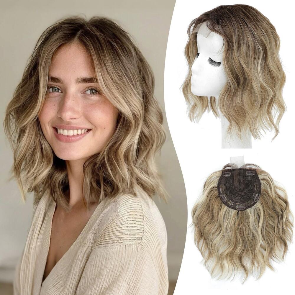 Women's Wiglets Topper 10" Ombre Blonde Short Wavy Hair Piece Clip In Lace Base